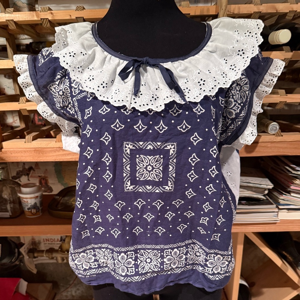 Handmade Bandana Top Navy Blue White Eyelet Lace Ruffle Collar Boho Western